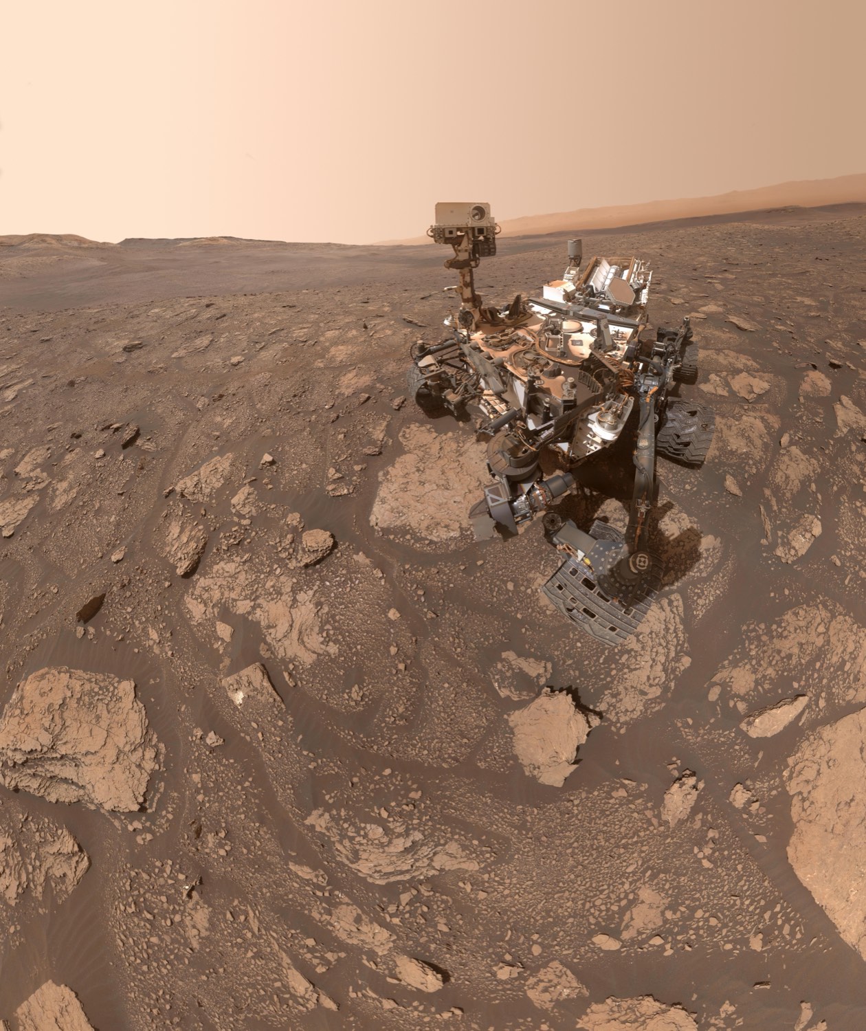 Curiosity rover selfie at the Mary Anning drilling site on Mount Sharp, Mars