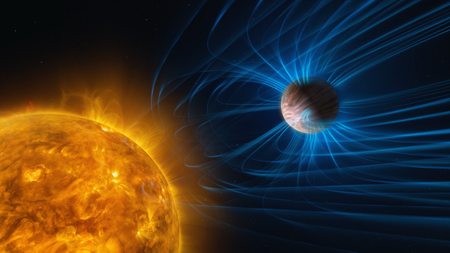 Artist's impression of a hot gas giant exoplanet wrapped in a magnetic field