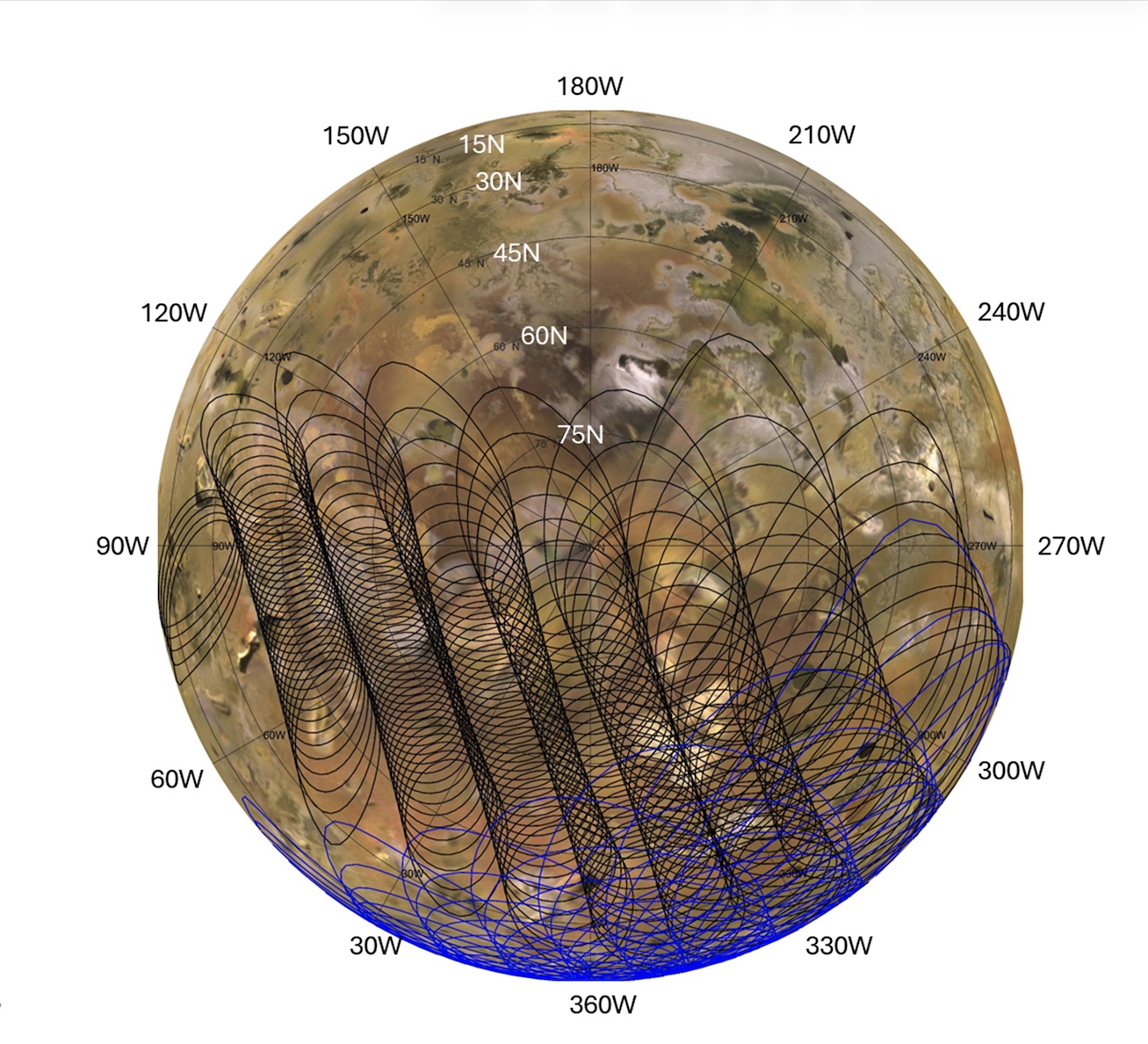 Map of Io from Juno's Microwave Radiometer showing heat rising from beneath the surface