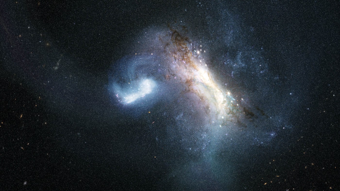 Artist's impression of the dwarf galaxy LKH merging with the young Milky Way