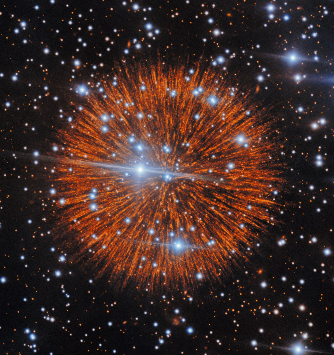 Gemini North image of supernova remnant Pa 30, with radial filaments made of chains of small knots around a central star
