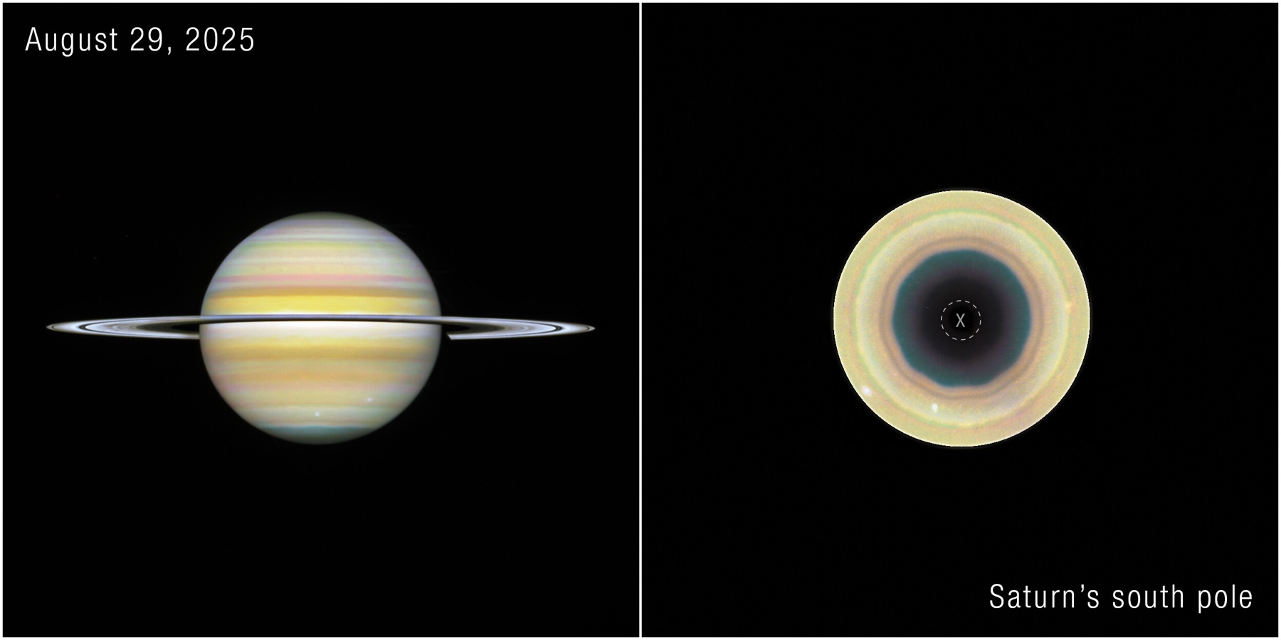 Hubble color image of Saturn showing a ten-sided wave pattern around its south pole