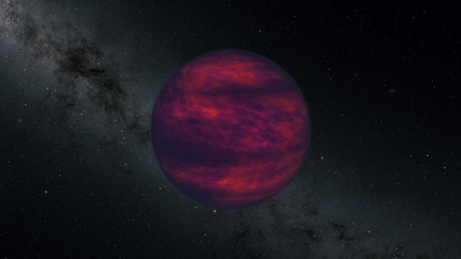 Artist's impression of a planet-like brown dwarf glowing with a dull, mottled reddish-purple light against dark space