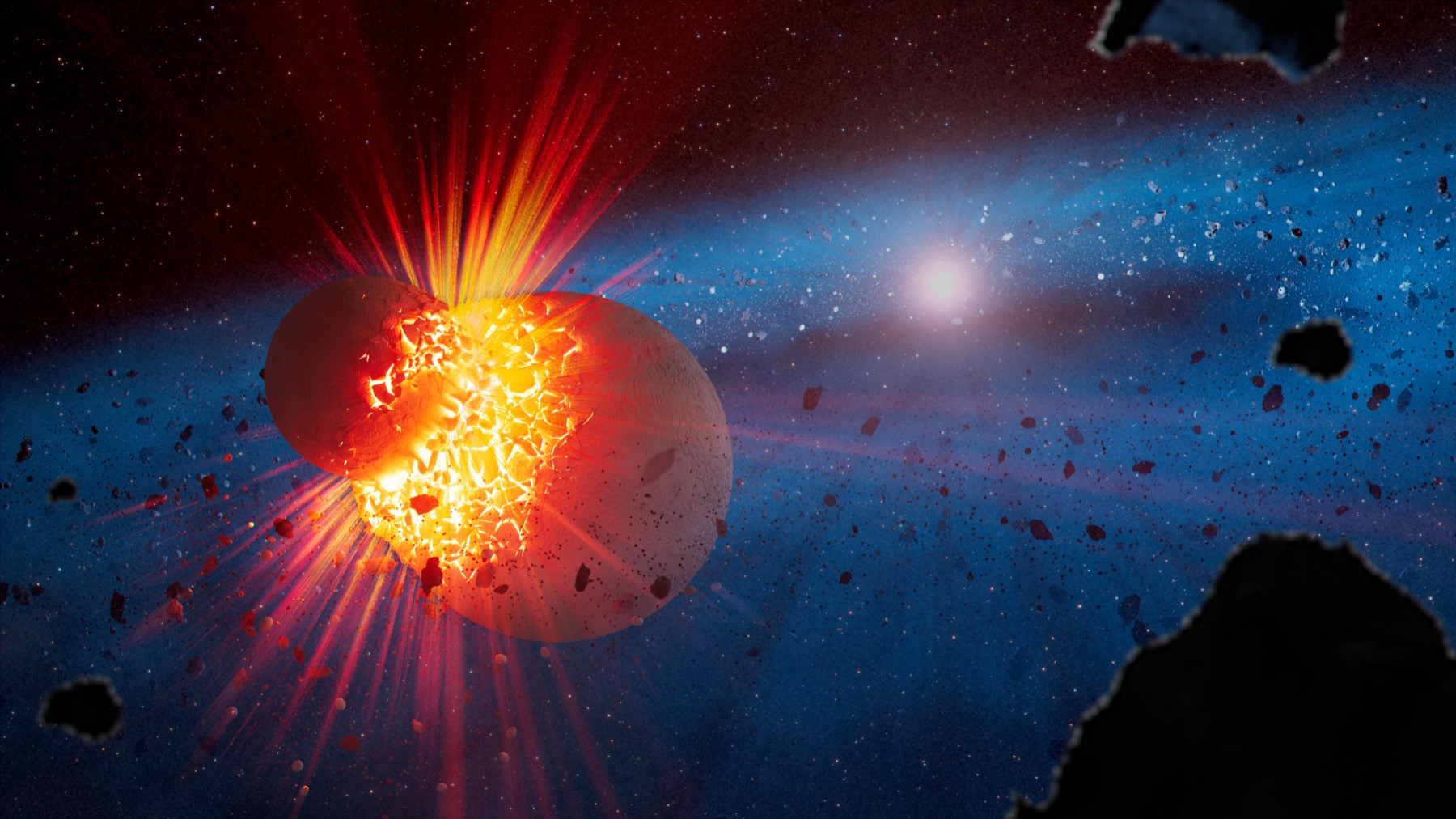 Artist's concept of an extreme debris disk of warm dust produced by collisions between young rocky bodies