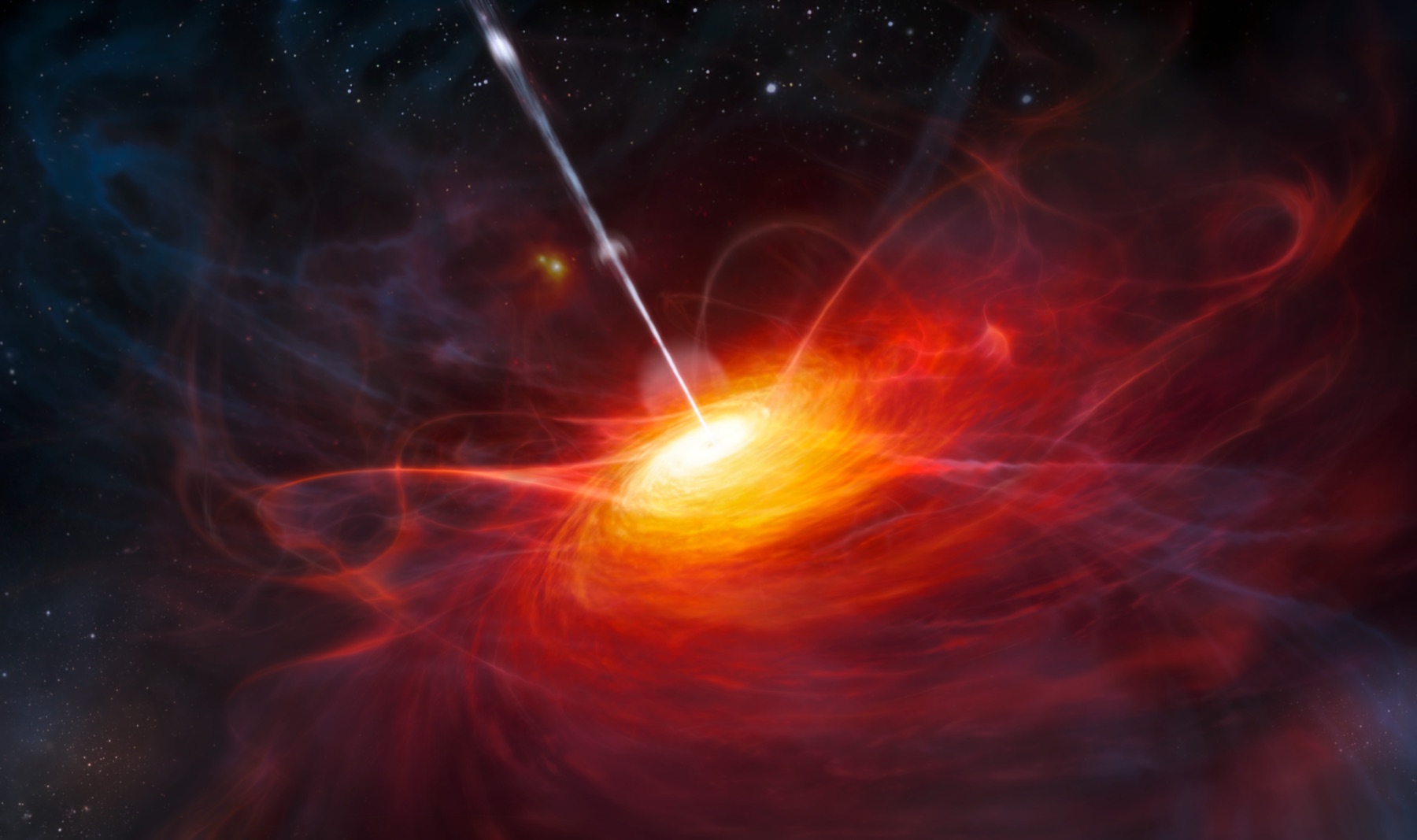 Artist impression of a distant quasar, a bright disc of glowing red and orange matter around a black hole with a jet shooting outward