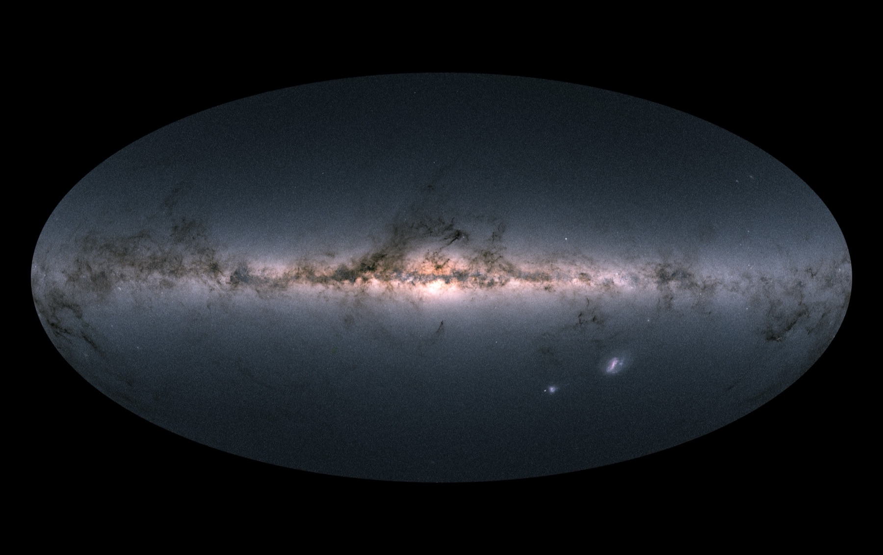 Oval all sky map from the Gaia mission showing the bright band of the Milky Way with dark dust lanes and the two Magellanic Clouds below