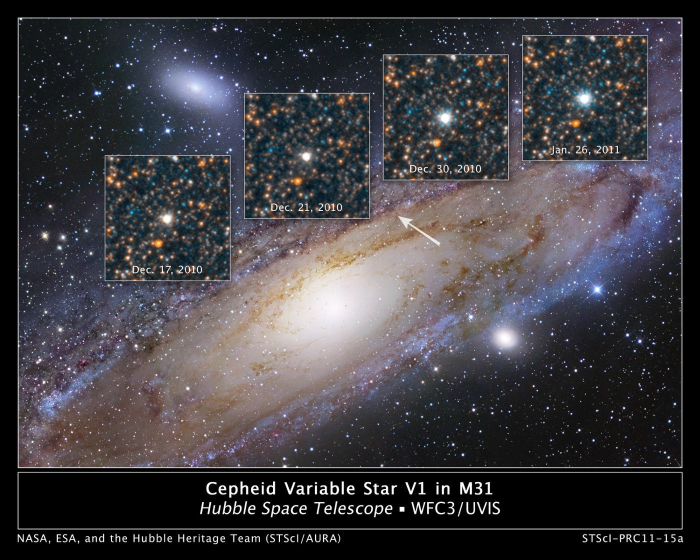 Annotated graphic of the Andromeda Galaxy with Hubble Space Telescope snapshots of the Cepheid variable star V1 changing brightness