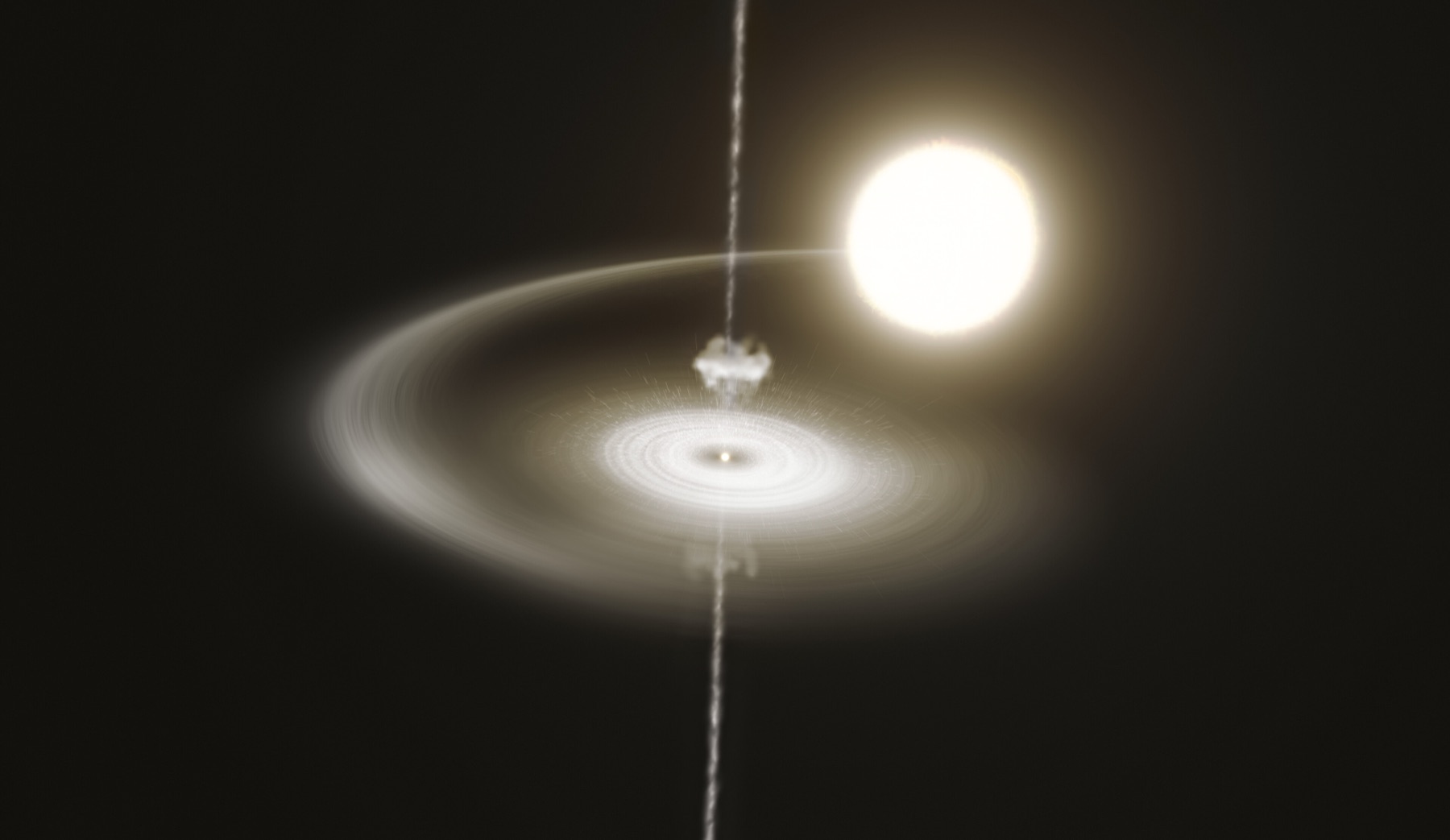 Artist impression of a pulsar with narrow beams and a disc of matter pulled from a nearby companion star