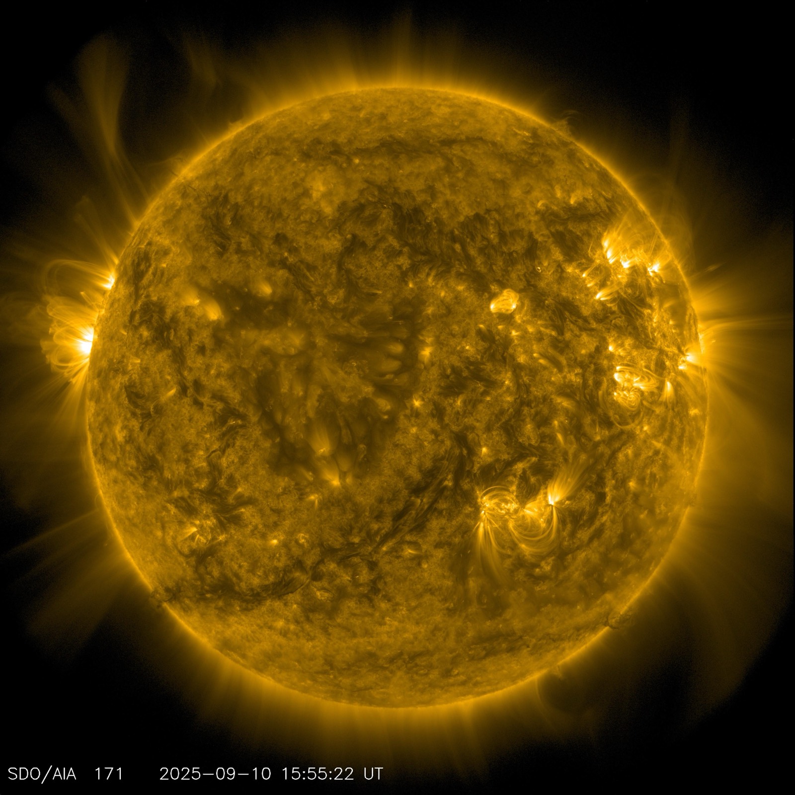 Solar Dynamics Observatory image of the Sun, which will die in about 5 billion years, seen in extreme ultraviolet light as a golden disc with bright active regions