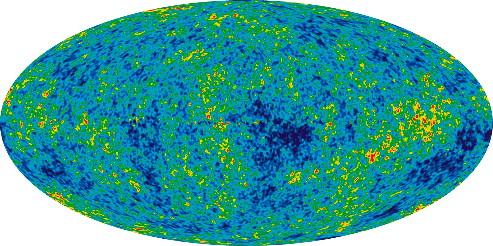 Oval full sky map from WMAP of the cosmic microwave background, a mottled pattern of blue, green, yellow and red temperature fluctuations