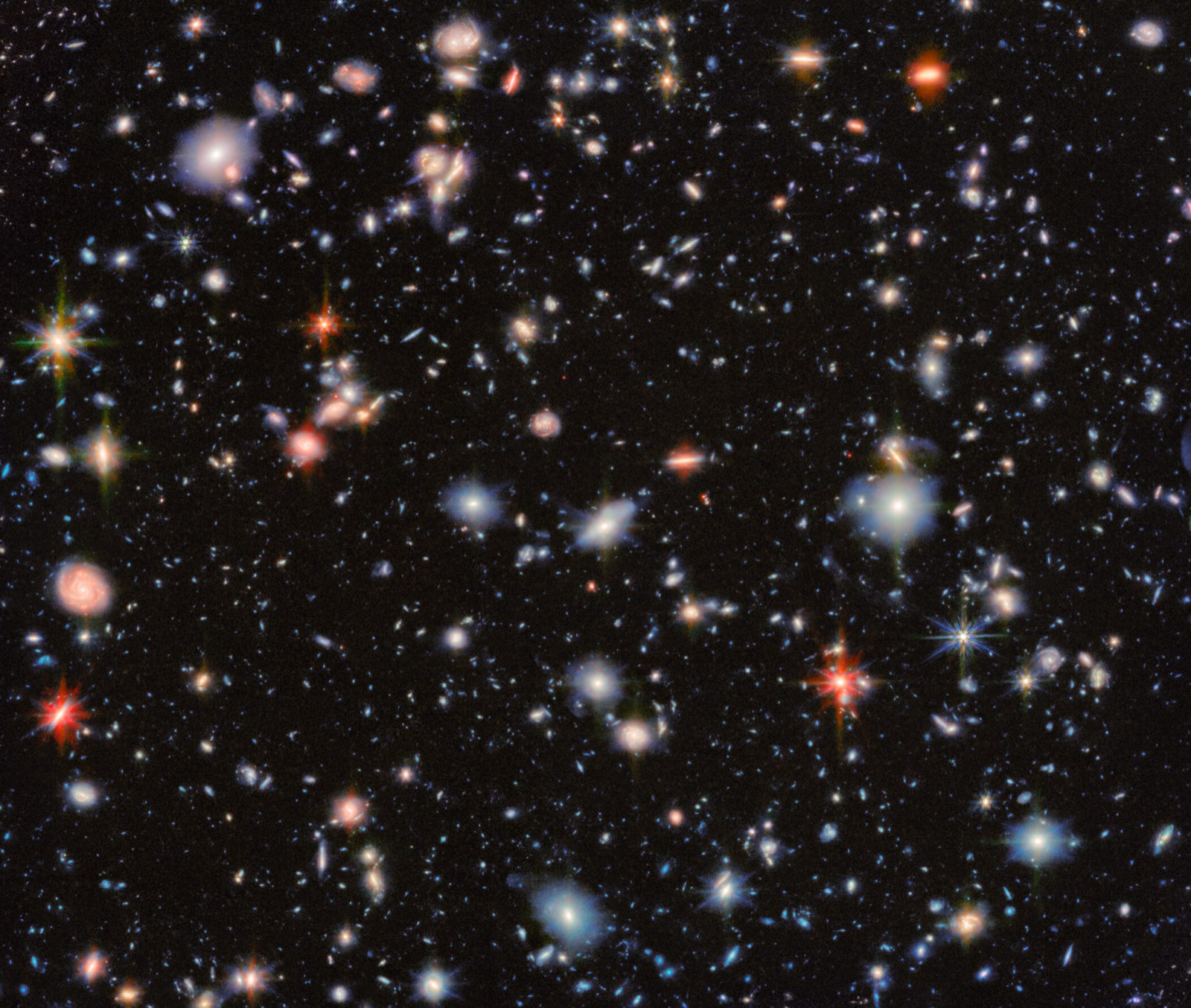 Thousands of distant galaxies of many colours scattered across a dark field, imaged by the James Webb Space Telescope in the Hubble Ultra Deep Field
