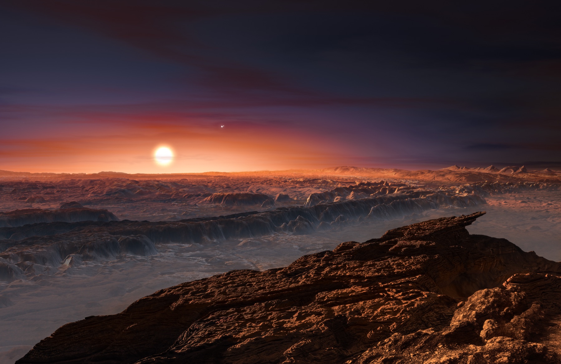 Artist impression of a rocky planet surface lit by a dim red dwarf star low on the horizon