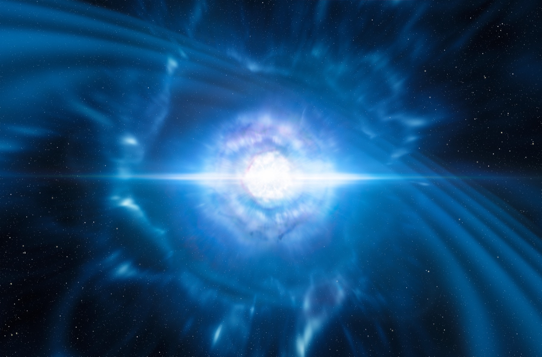 Artist impression of two neutron stars merging in a bright blue explosion with rippling waves spreading outward